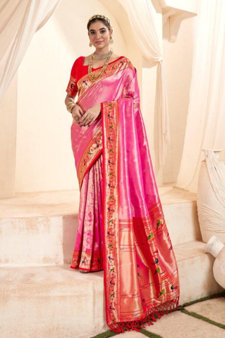 Baby pink soft tissue paithani silk saree with zari weaving work