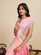 Baby pink linen cotton saree with digital printed work and silver zari border