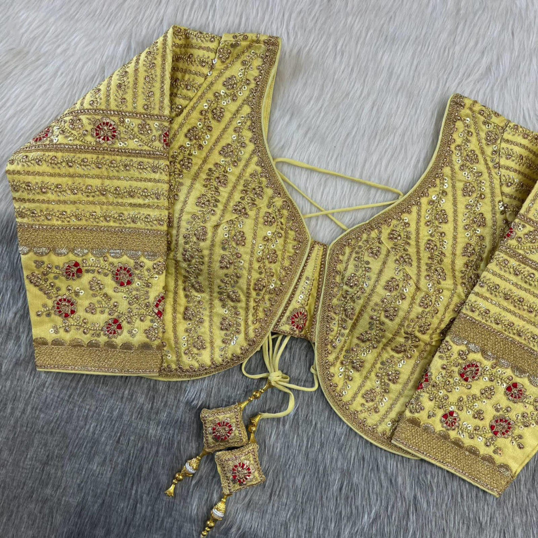 Lemon yellow zari weaving embroidery & sequence work designer readymade blouse