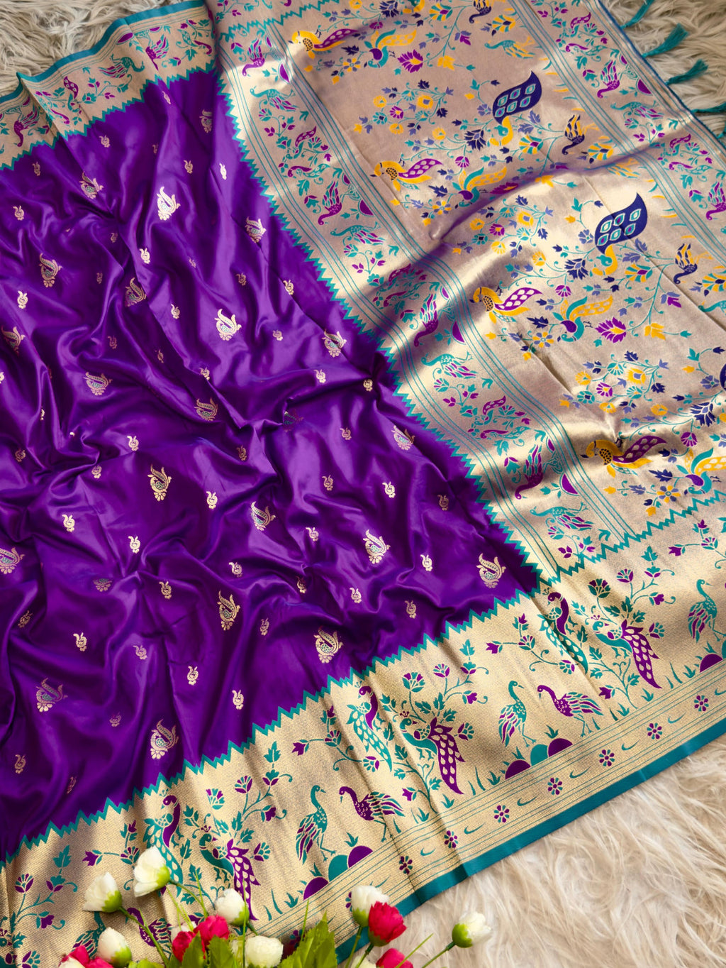 Purple traditional paithani silk saree with peacock zari weaving work