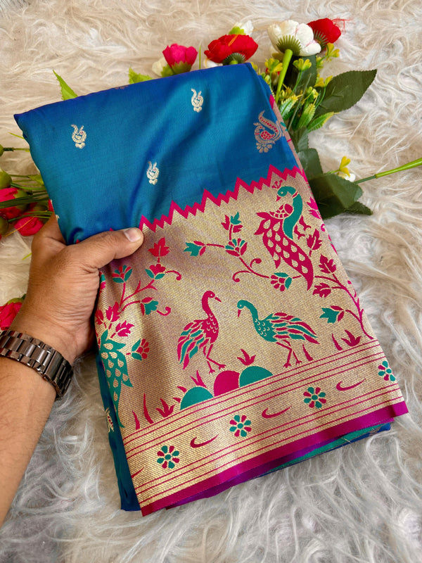 Firoji traditional paithani silk saree with peacock zari weaving work