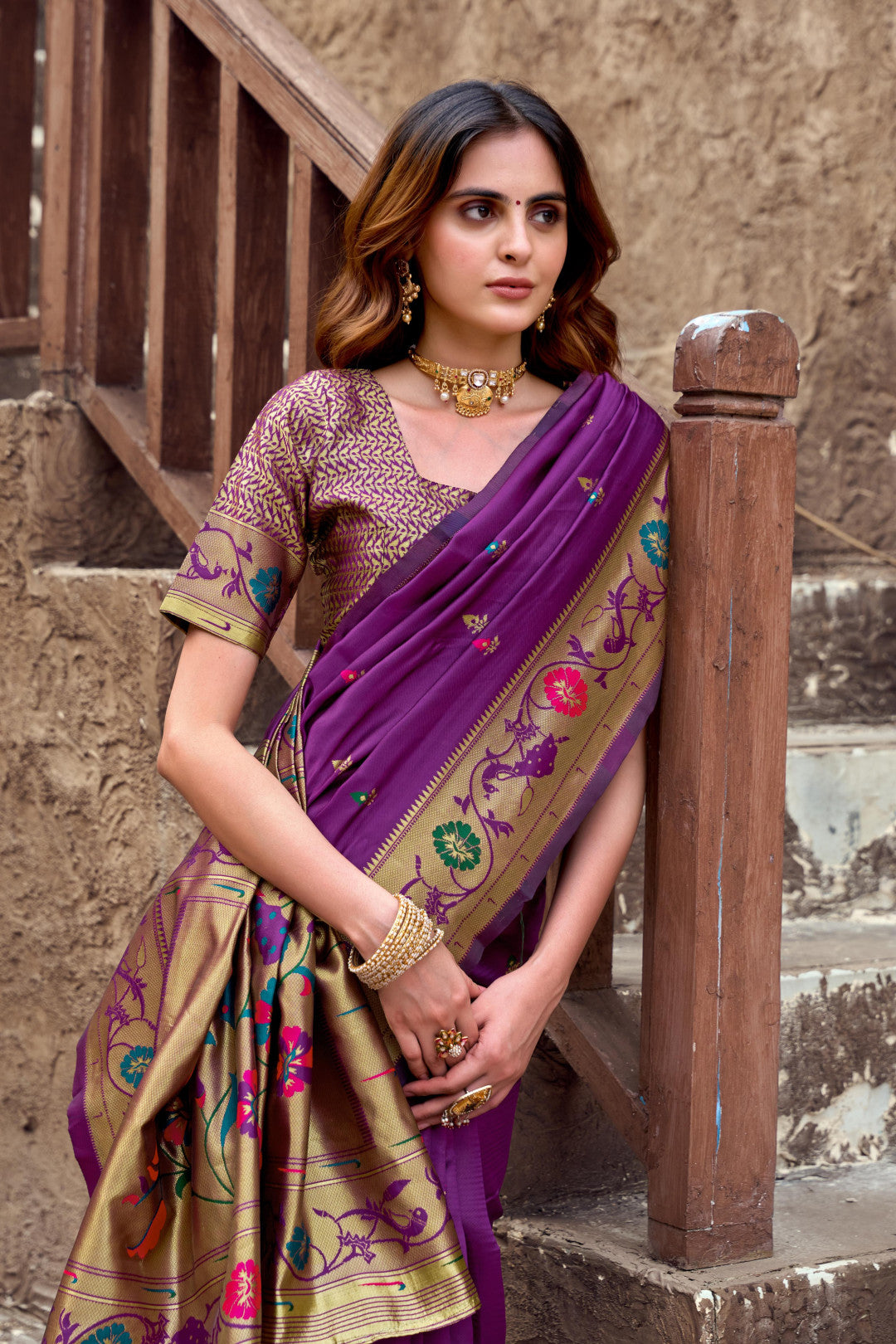 Traditional magenta paithani silk saree with zari weaving work