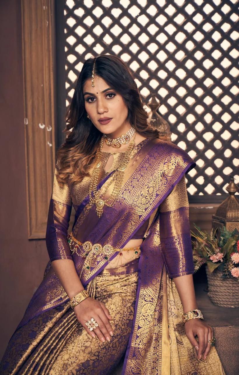 Premium banarasi tissue silk purple saree with zari weaving work