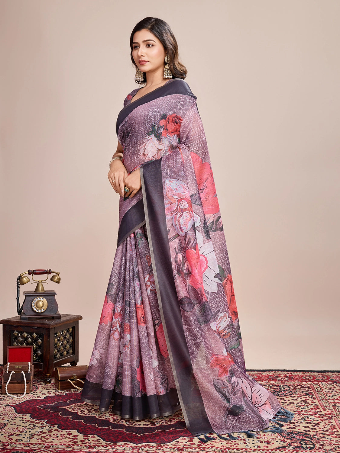 Fancy Multi soft linen cotton saree with floral printed work