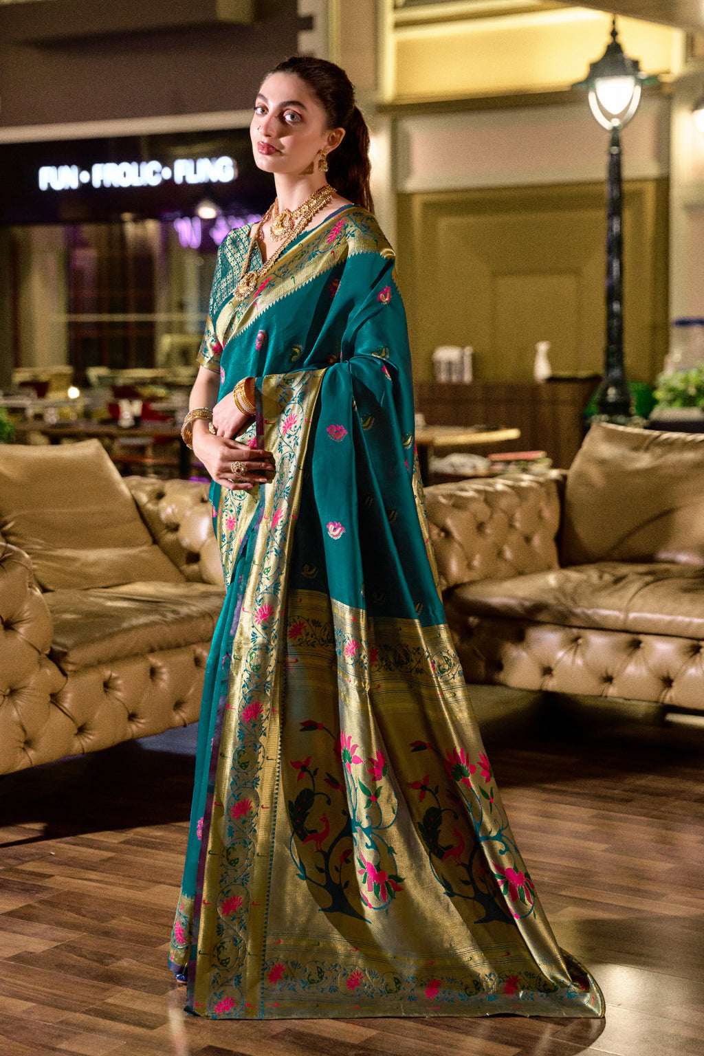 Traditional morpeach paithani silk saree with zari weaving work