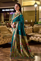 Traditional morpeach paithani silk saree with zari weaving work