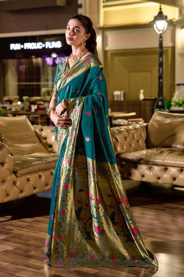 Traditional morpeach paithani silk saree with zari weaving work