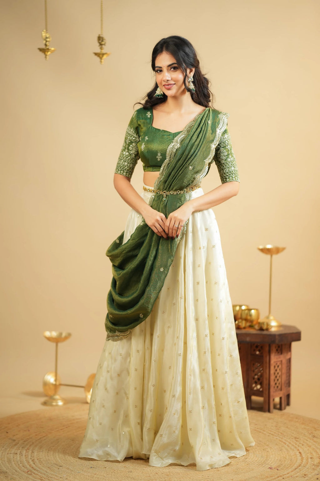 Off white Pure Crepe Silk Lehenga with 5 Meter Flair & Shimmer Silk Blouse