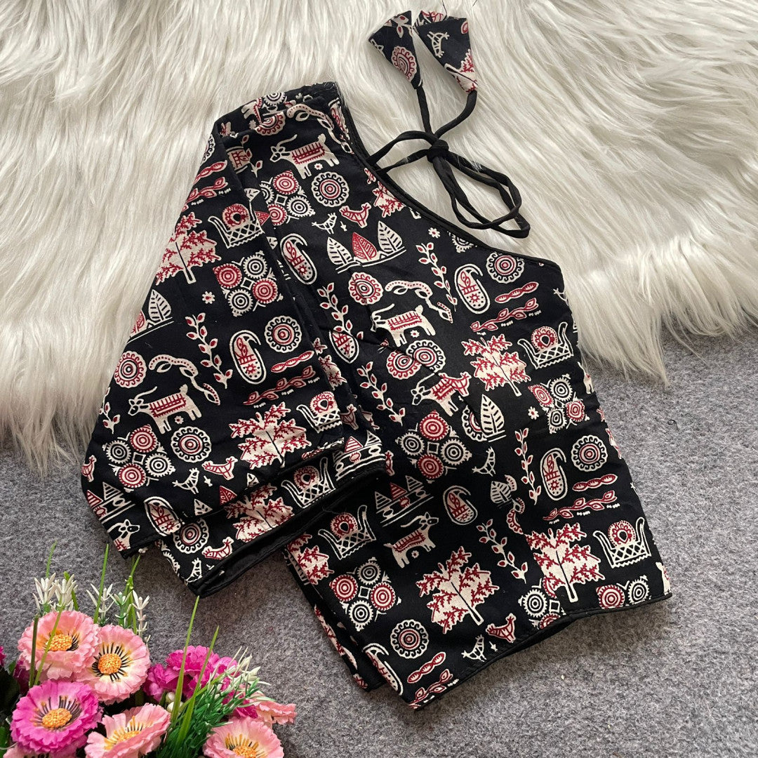 Black colour ajarakh printed cotton readymade blouse