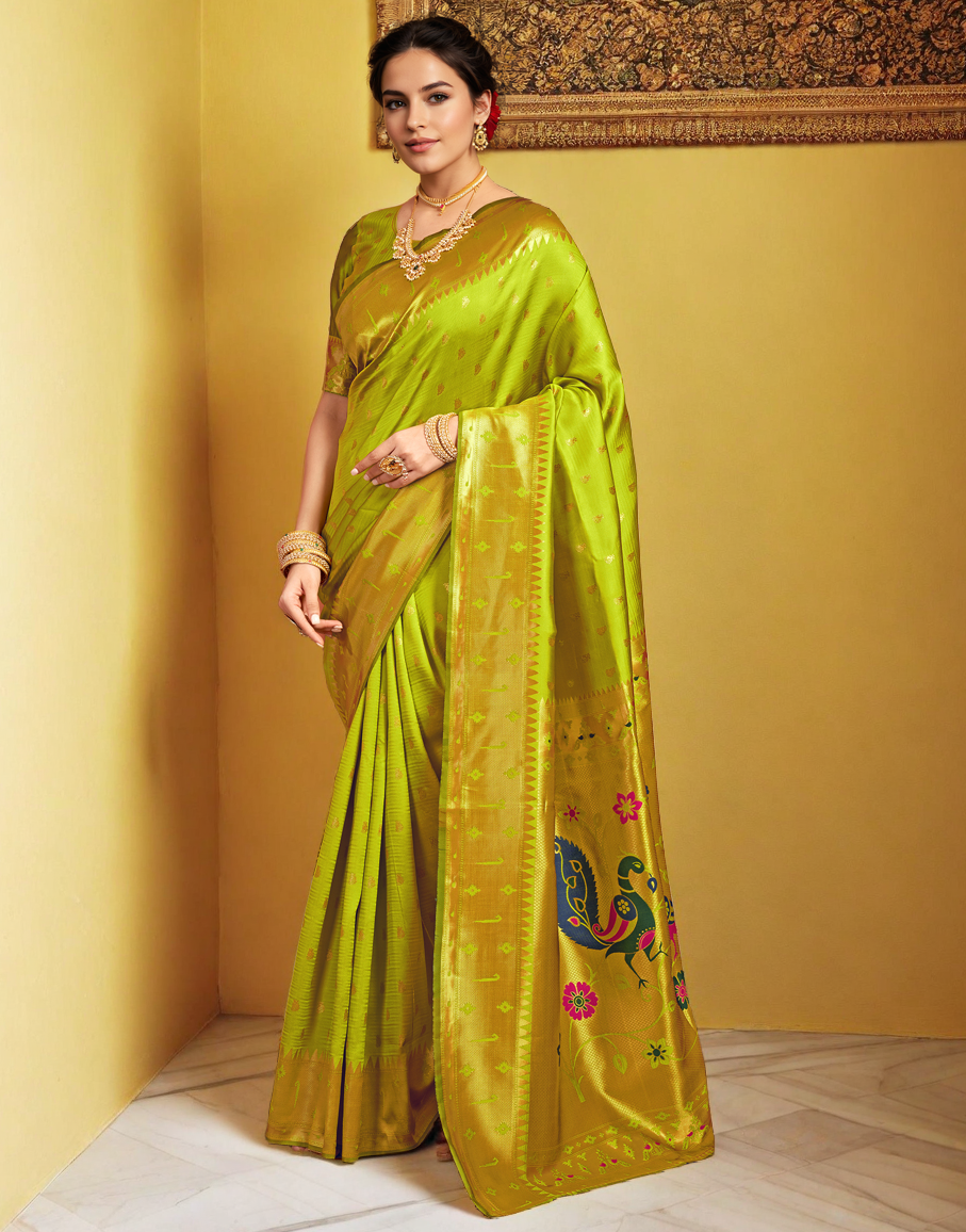 Traditional parrot green paithani silk saree with zari weaving work