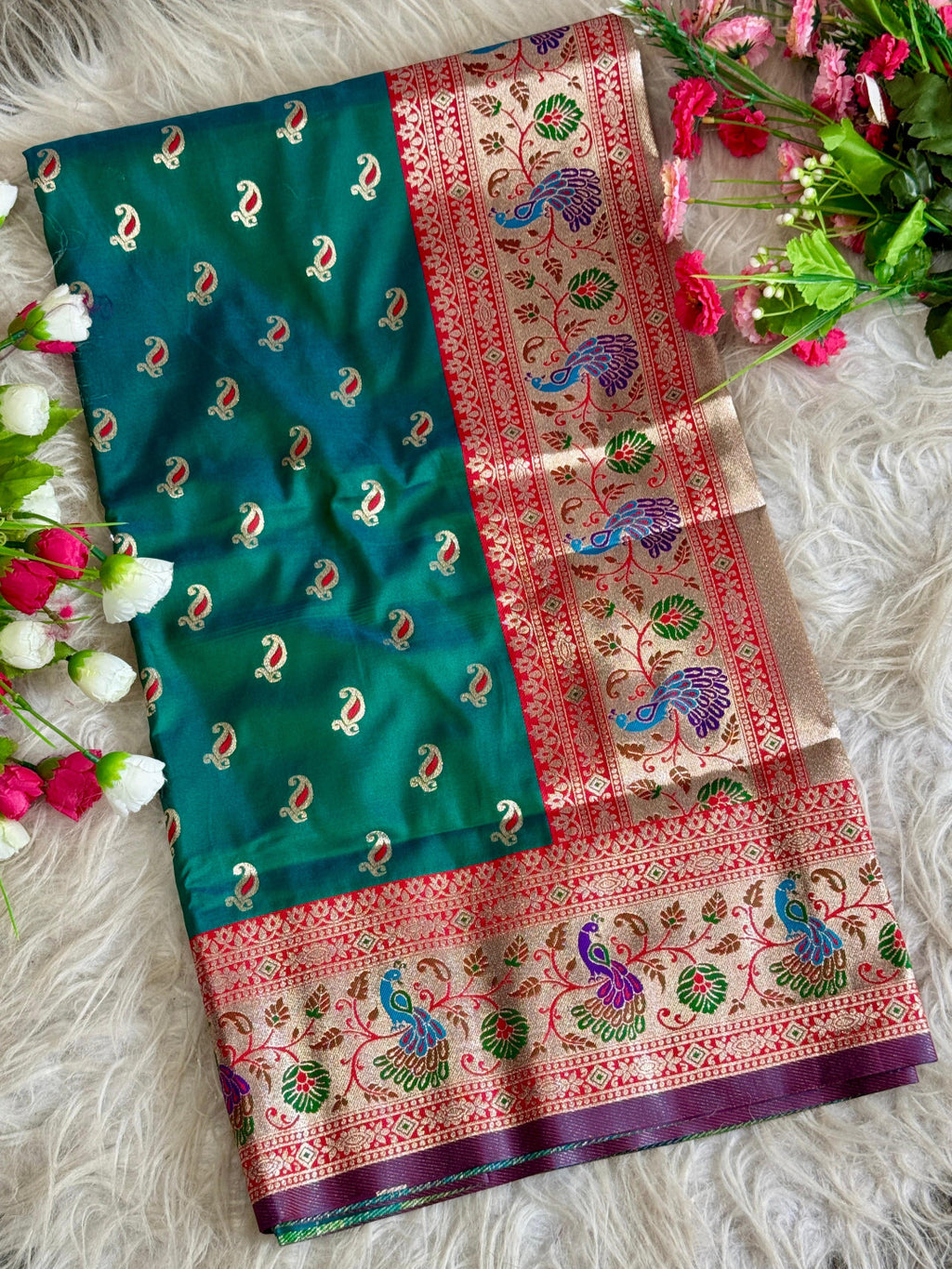 Rama green traditional paithani silk saree with peacock zari weaving work