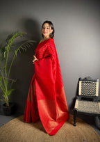 Red color banarasi silk saree with zari weaving work