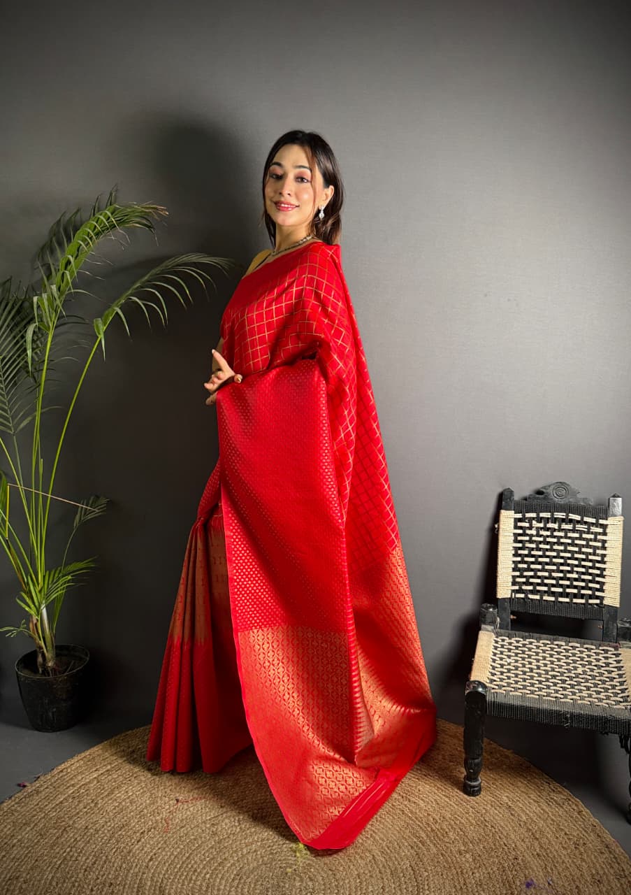 Red color banarasi silk saree with zari weaving work