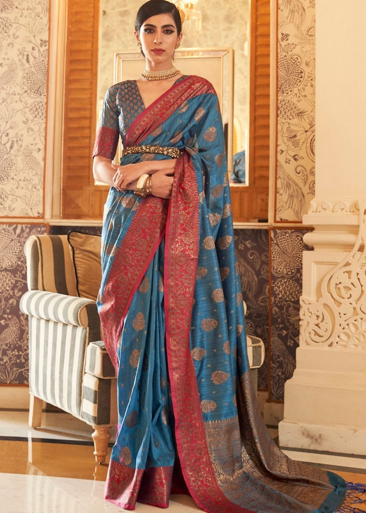 Firoji color soft banarasi silk saree with zari weaving work