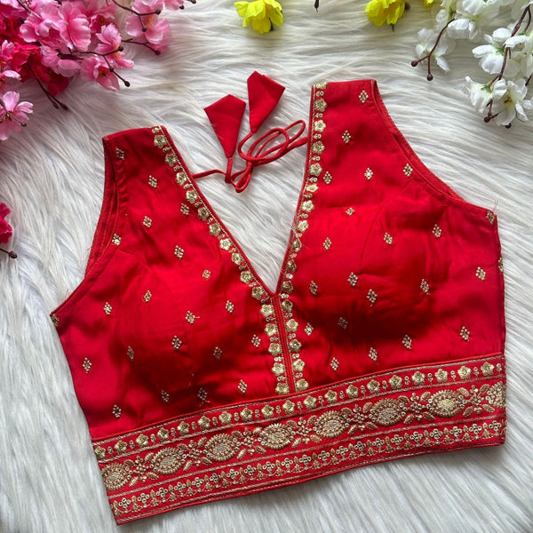 Red heavy roman silk readymade blouse with embroidery and sequence work