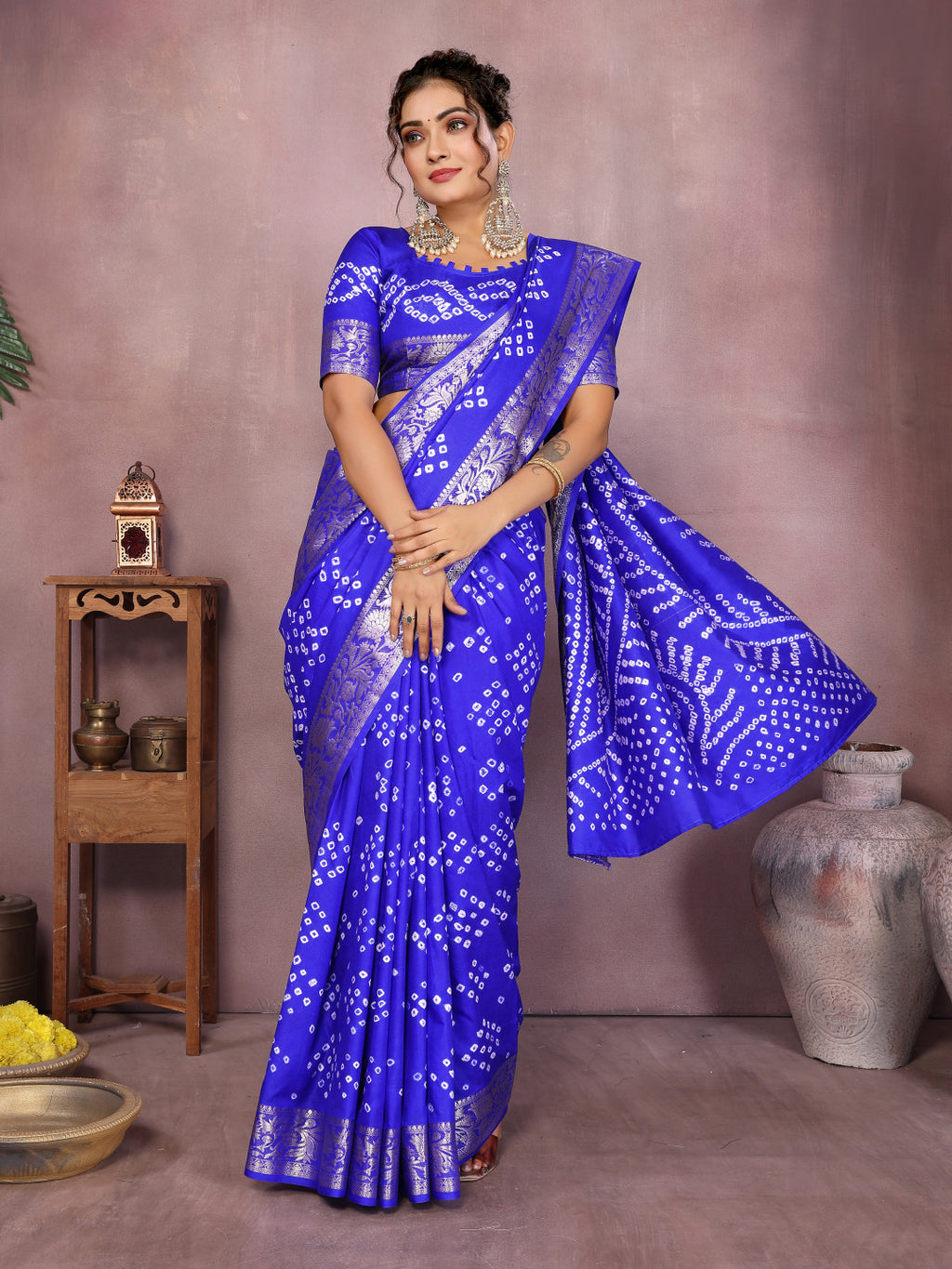 Royal blue colour hand bandhej bandhani saree with zari weaving work