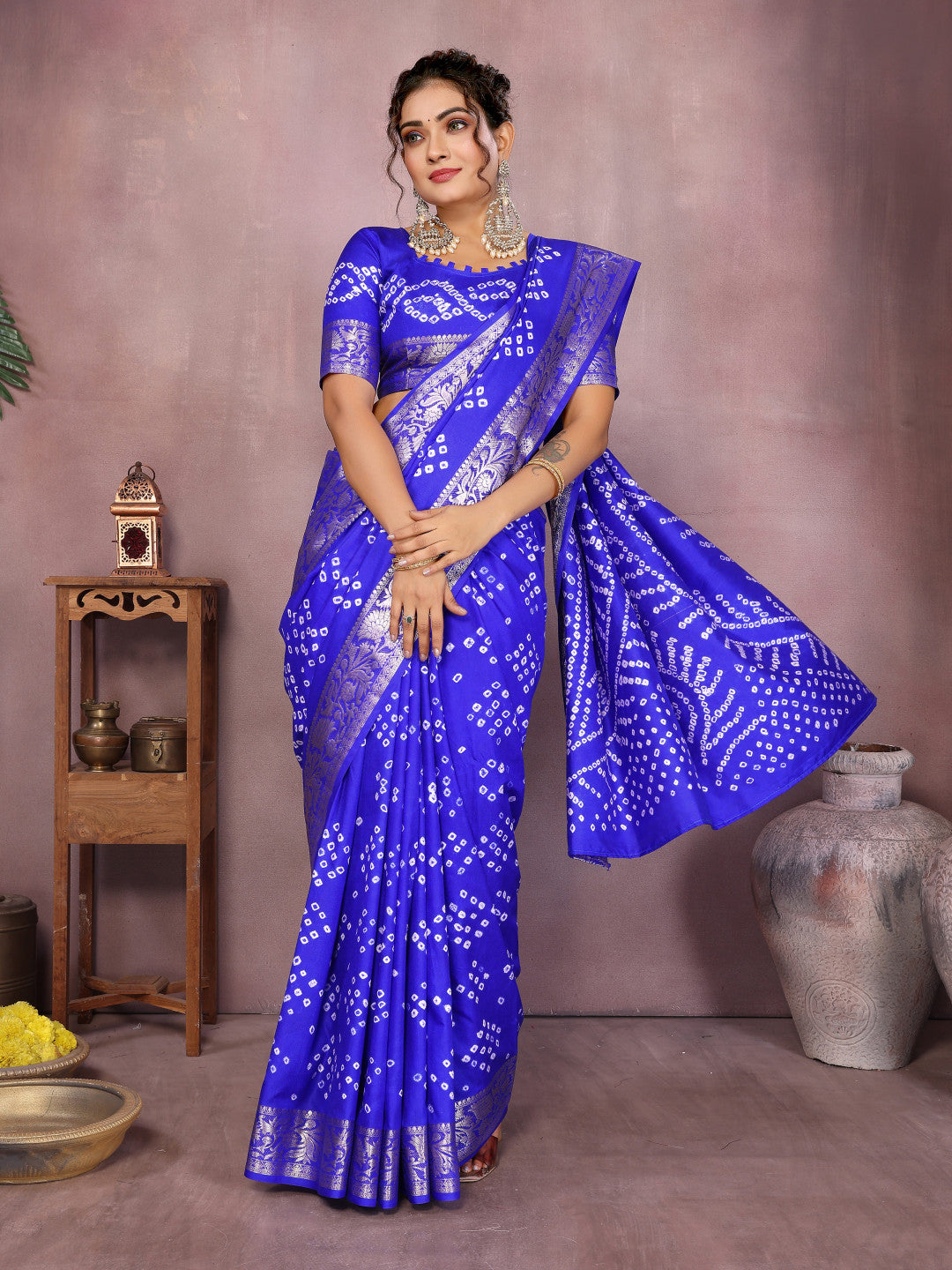 Royal blue colour hand bandhej bandhani saree with zari weaving work