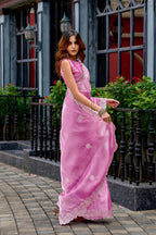 Firoji fancy shimmer chiffon saree with embroidery work