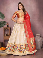 White color jecquard paithani silk lehenga with zari weaving work