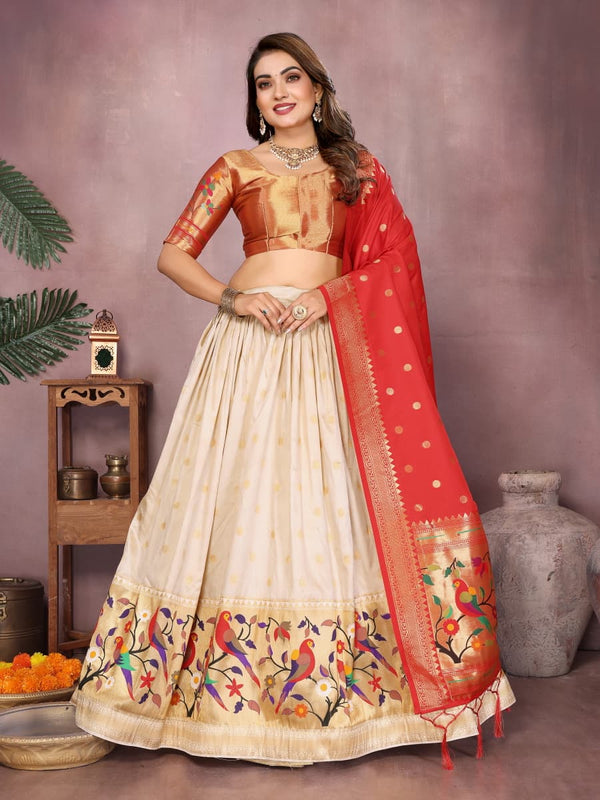 White color jecquard paithani silk lehenga with zari weaving work