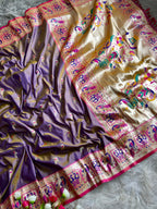 Lavender traditional paithani silk saree with peacock zari weaving work