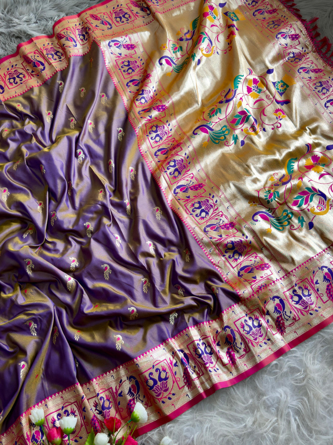 Lavender traditional paithani silk saree with peacock zari weaving work