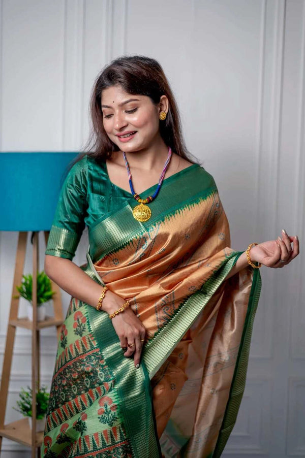 Golden yellow color tussar silk saree with digital printed work