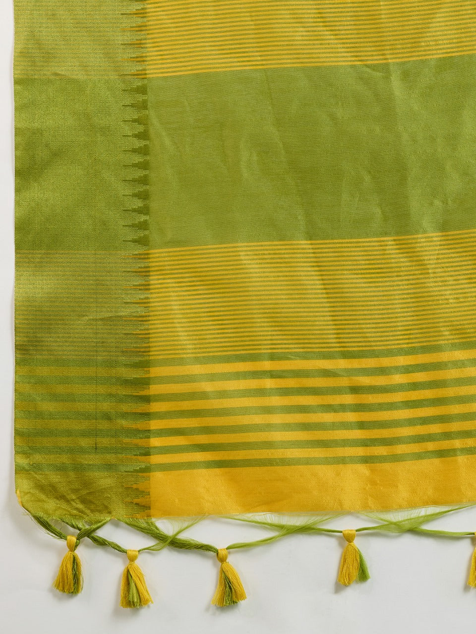 Yellow color khadi raw silk saree with zari lining pallu with tample border