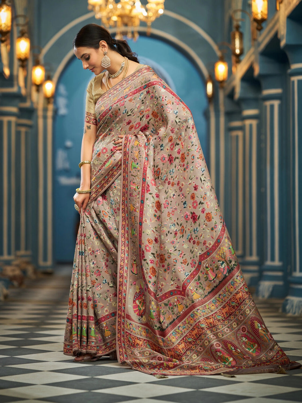 Brown exclusive pure pashmina silk saree with woven design