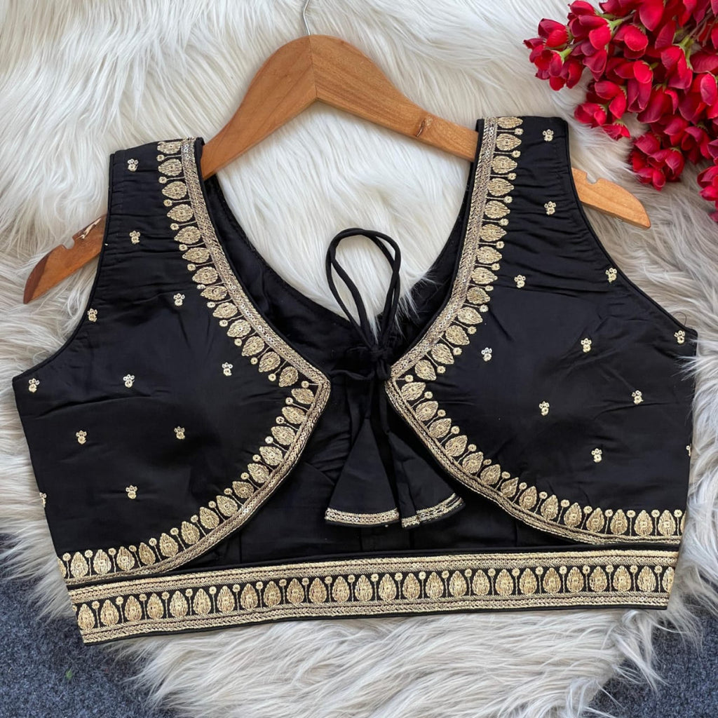 Black sequence and embroidery roman silk readymade blouse