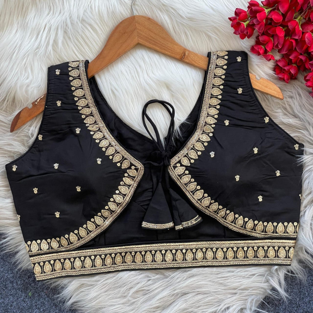 Black sequence and embroidery roman silk readymade blouse