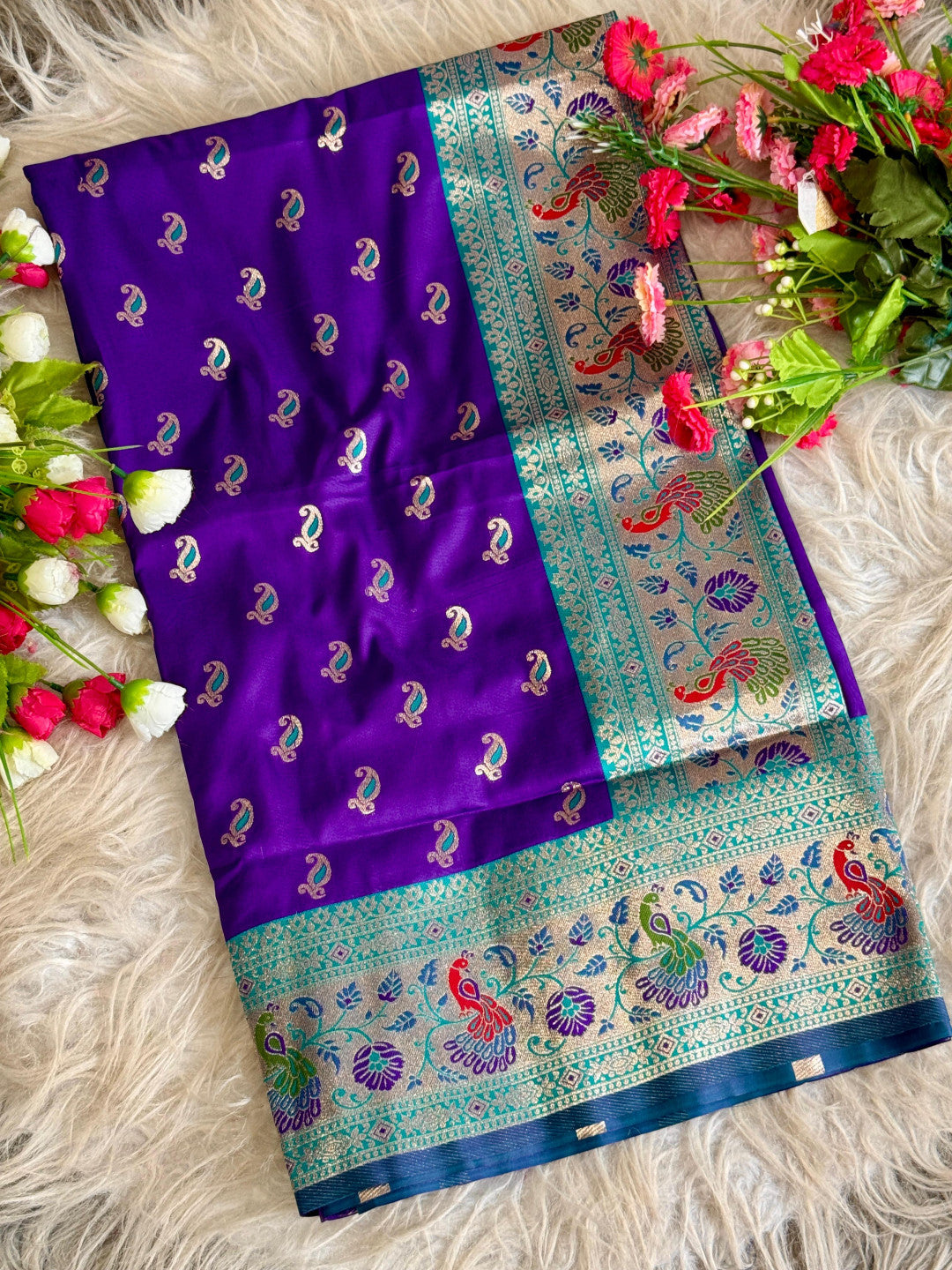 Purple traditional paithani silk saree with peacock zari weaving work