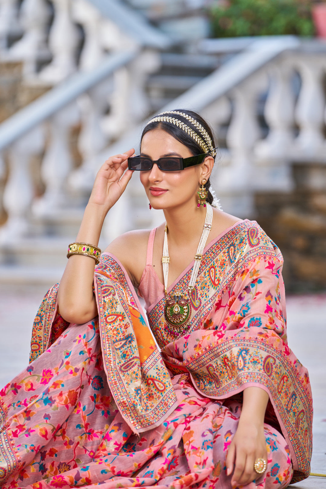 Peach color banarasi silk saree with zari weaving work