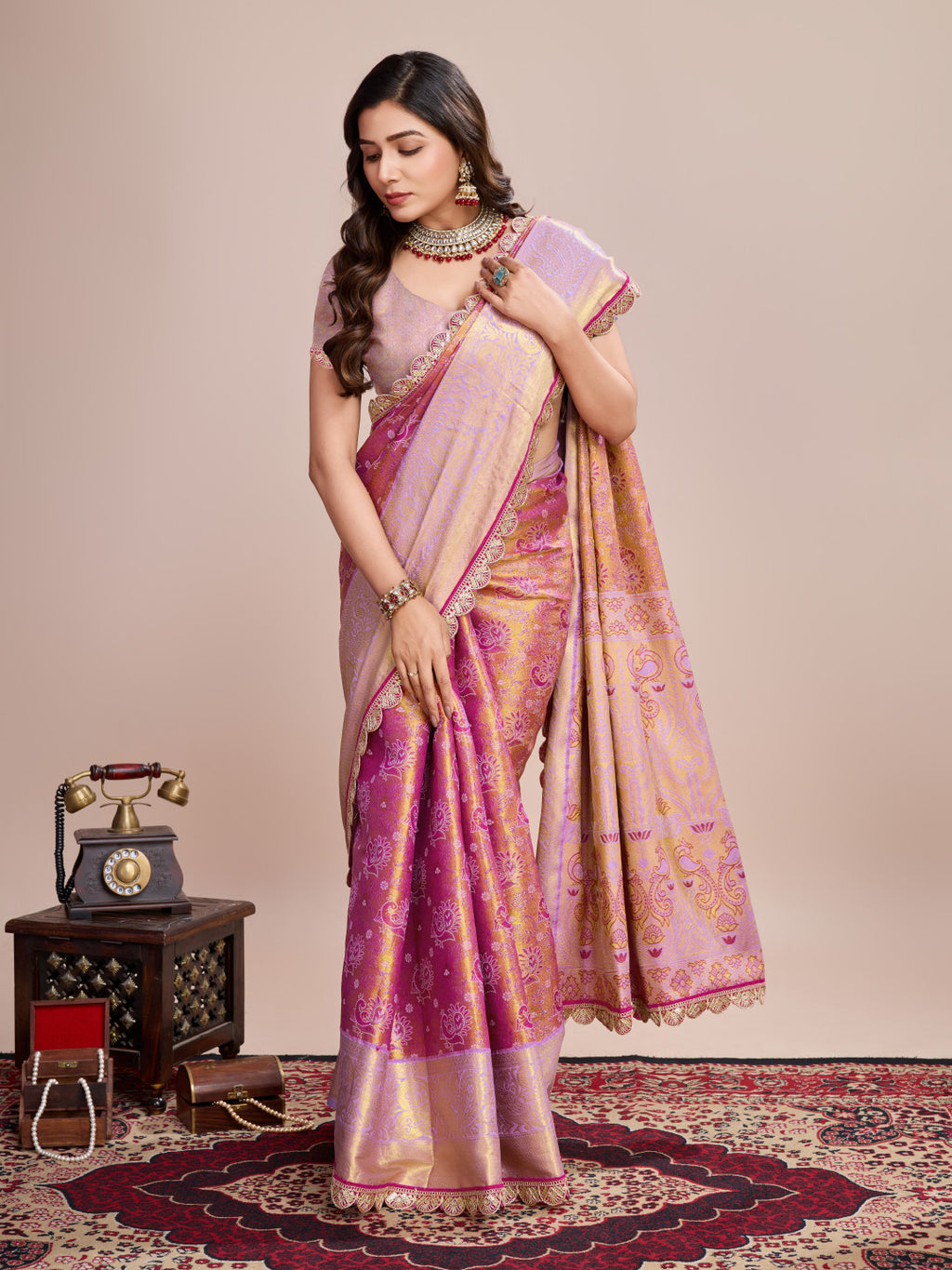 Pink kanjivaram silk saree with zari weaving work