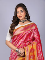 Rani pink color kanchipuram silk saree with zari weaving work