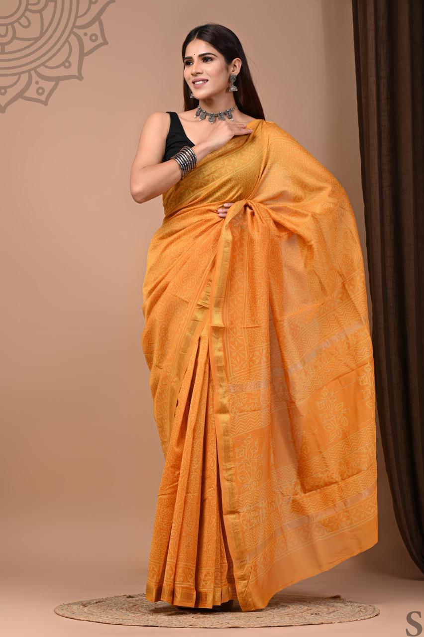 Yellow colour pure maheshwari silk saree with bagru handblock printed work