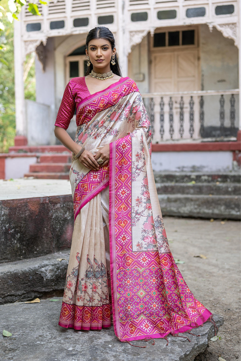 Pink color soft tussar silk saree with patola printed work