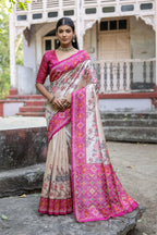 Pink color soft tussar silk saree with patola printed work