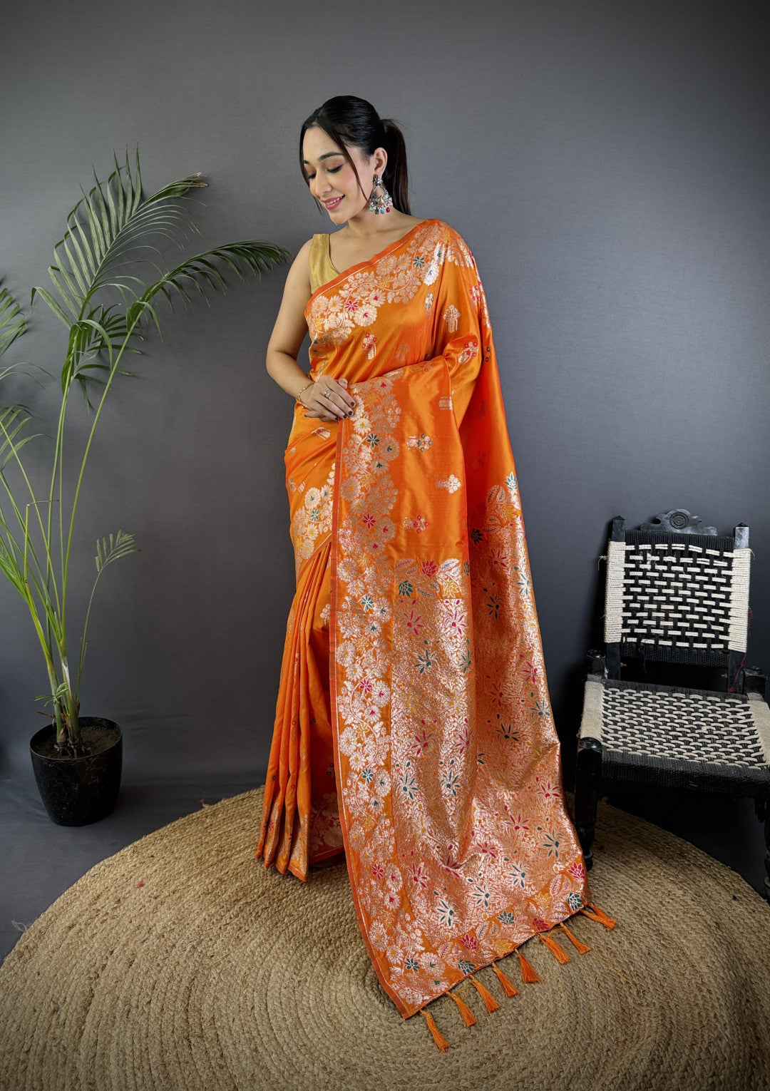 Orange premium banarasi silk saree with meenakari zari weaving work