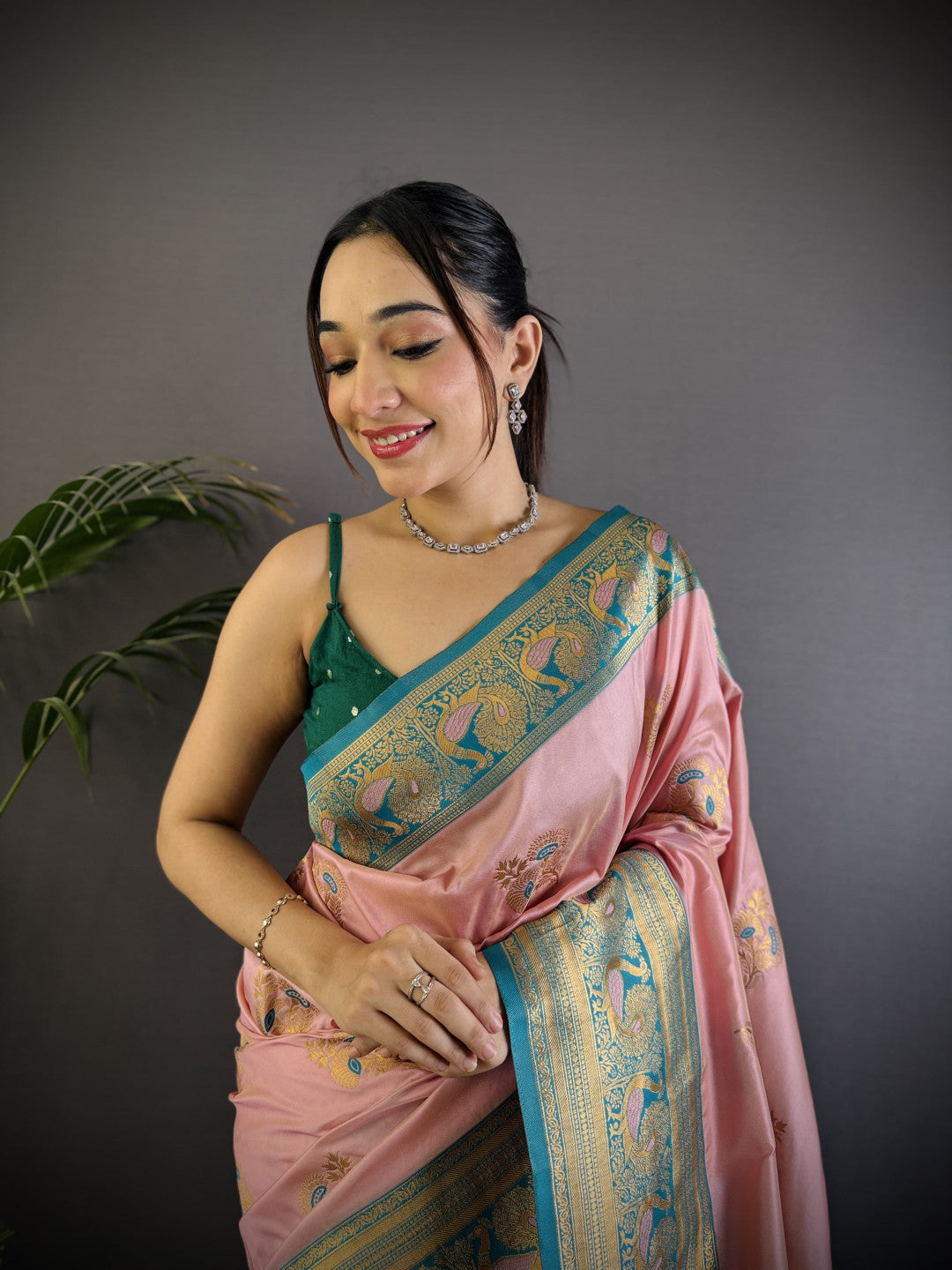 Baby pink traditional banarasi silk saree with zari weaving work