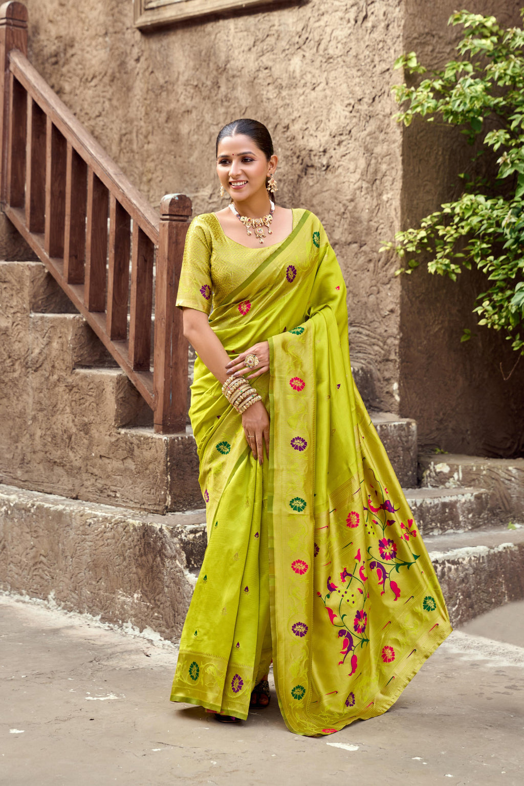 Traditional parrot green paithani silk saree with zari weaving work