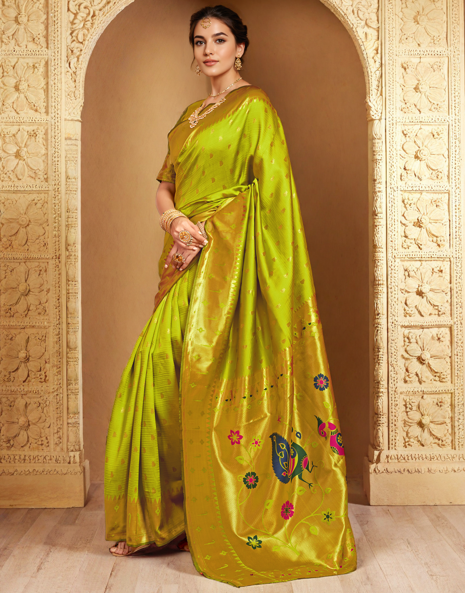 Traditional parrot green paithani silk saree with zari weaving work