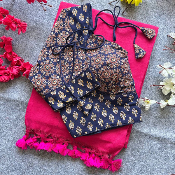 Navy blue colour ajarakh printed cotton readymade blouse
