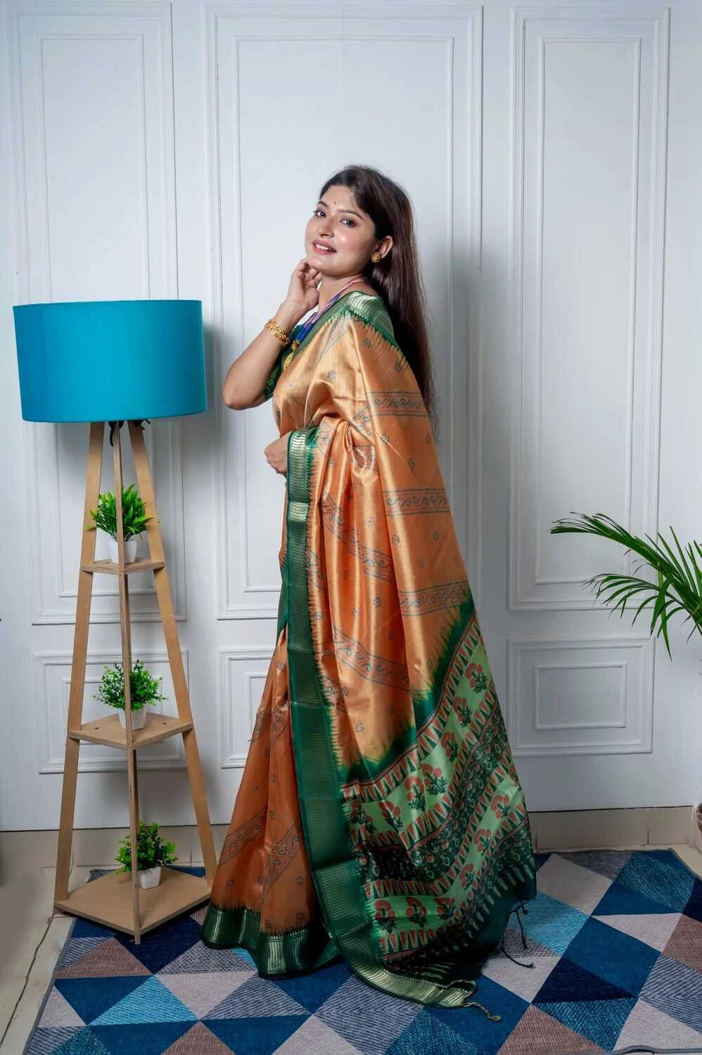 Golden yellow color tussar silk saree with digital printed work