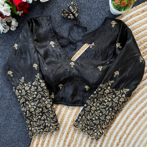 Black golden crush readymade blouse with sequence and zari work