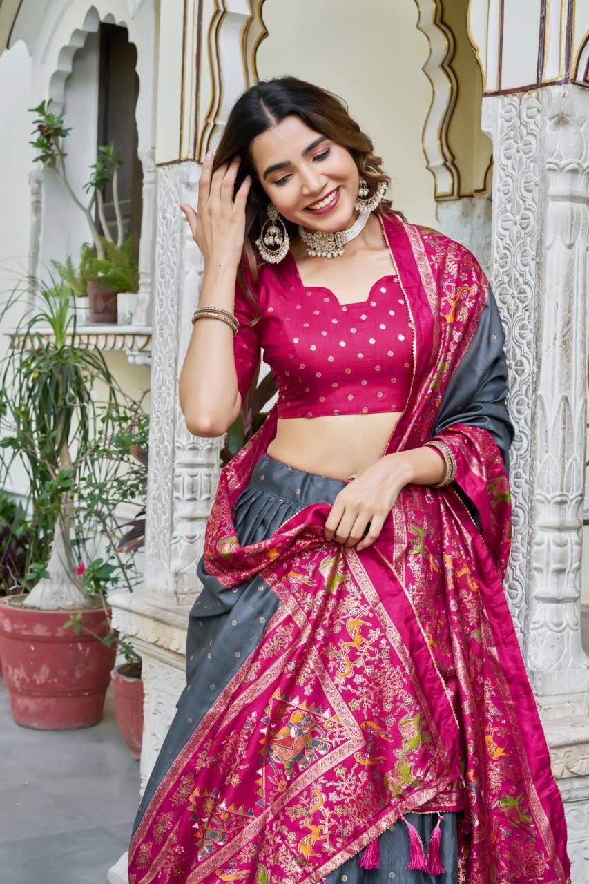 Gray and pink color dola silk lehenga with patola printed work