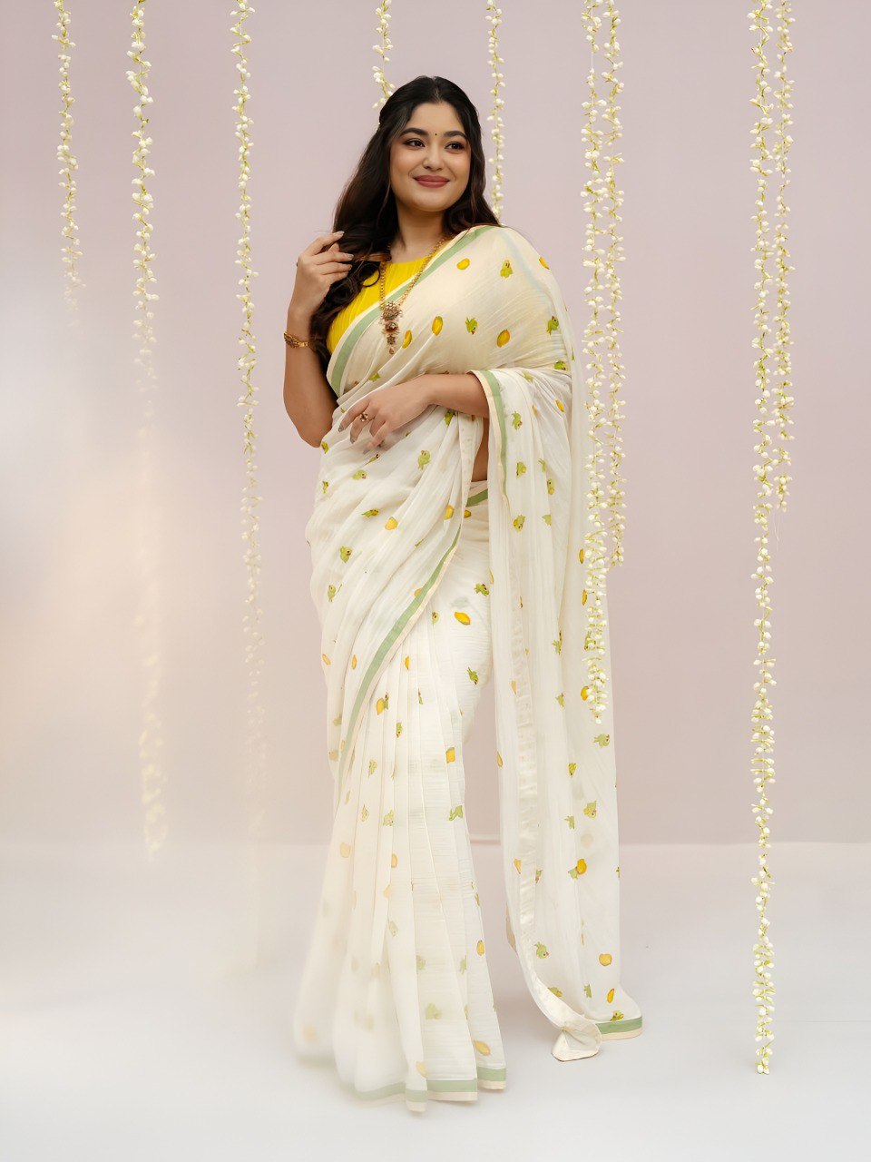 Trendy linen | White linen cotton saree with digital printed work