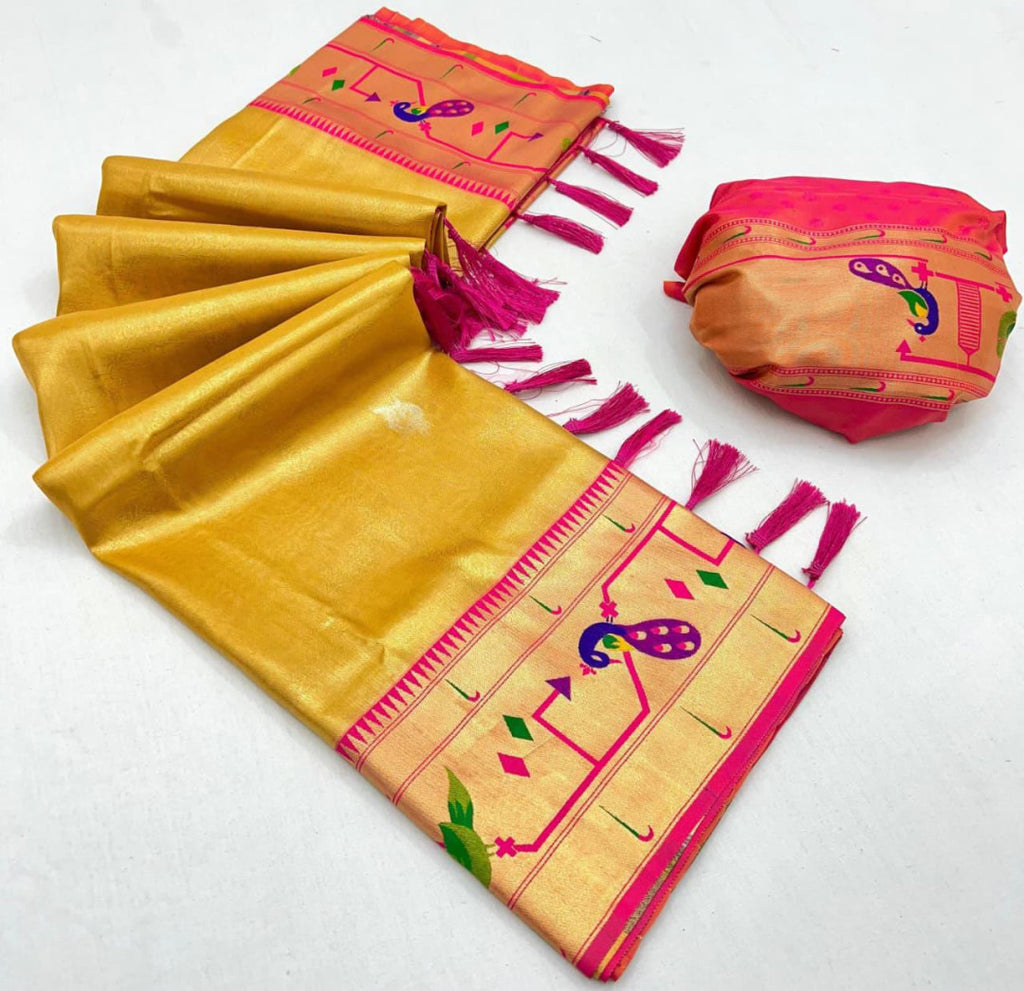 Yellow soft tissue paithani silk saree with zari weaving work