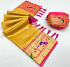 Yellow soft tissue paithani silk saree with zari weaving work