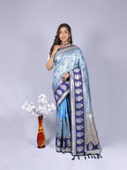 Sky blue color kanchipuram silk saree with zari weaving work